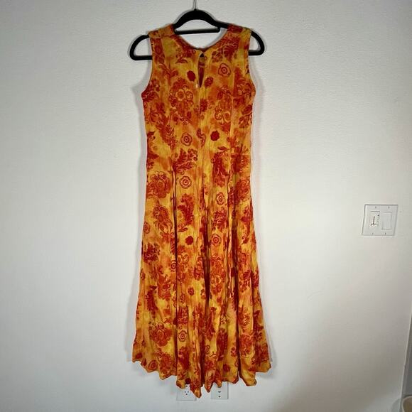 La D'Da Vtg Midi Dress S Crinkled Rayon Orange Floral Sleeveless Flowy Summer - Picture 3 of 8